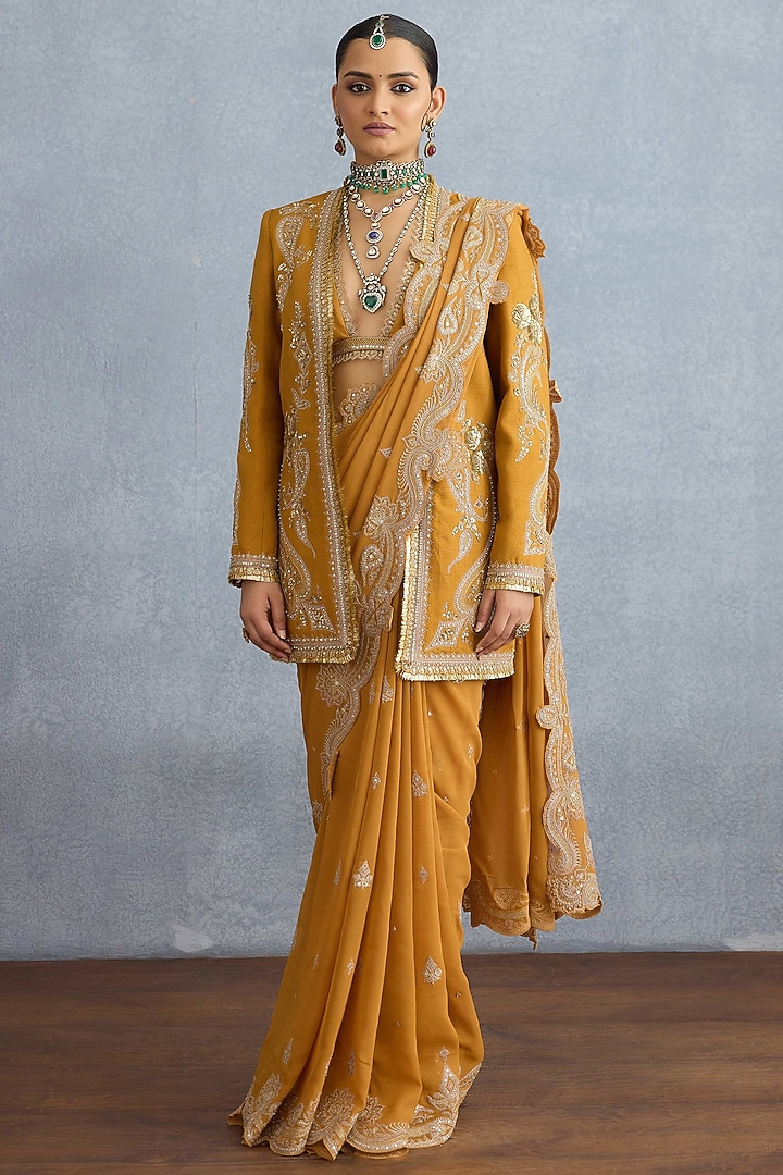 Ochre Georgette & Muslin Silk Embroidered Jacket Reception Saree Set by TORANI at Pernia's Pop Up Shop