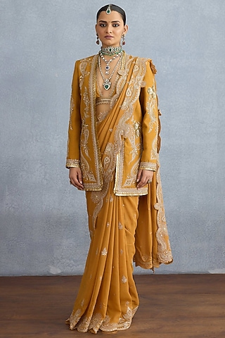 Ochre Georgette & Muslin Silk Embroidered Jacket Saree Set by TORANI