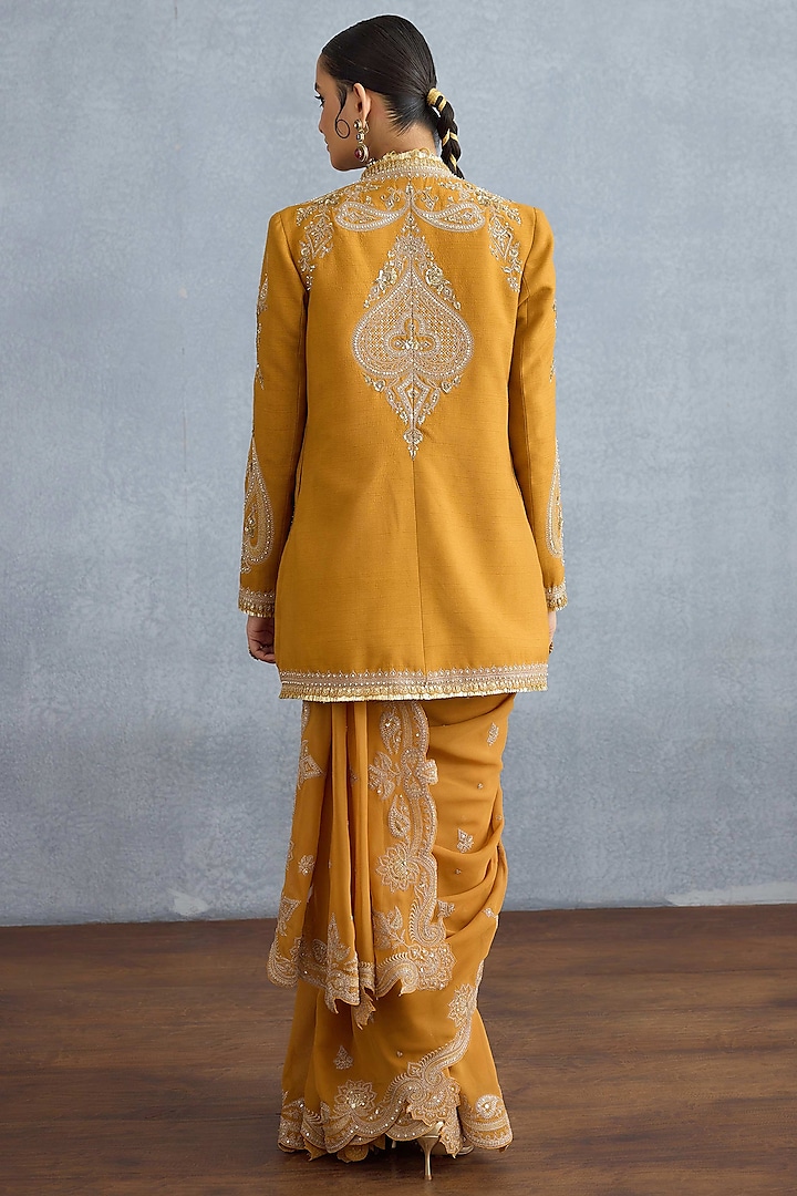 Ochre Georgette & Muslin Silk Embroidered Jacket Reception Saree Set by TORANI at Pernia's Pop Up Shop