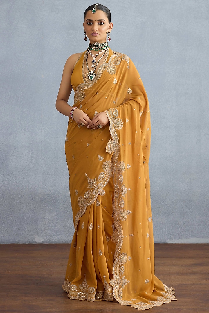 Ochre Georgette & Muslin Silk Embroidered Jacket Reception Saree Set by TORANI at Pernia's Pop Up Shop
