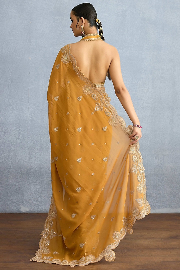 Ochre Georgette & Muslin Silk Embroidered Jacket Reception Saree Set by TORANI at Pernia's Pop Up Shop