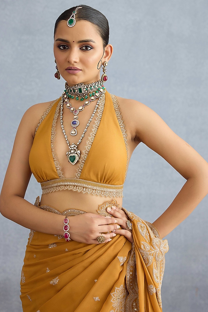 Ochre Georgette & Muslin Silk Embroidered Jacket Reception Saree Set by TORANI at Pernia's Pop Up Shop