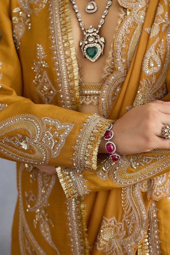 Ochre Georgette & Muslin Silk Embroidered Jacket Reception Saree Set by TORANI at Pernia's Pop Up Shop