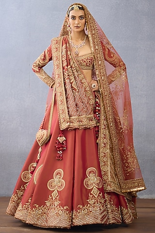 Rust Tissue & Net Embroidered Lehenga Set by TORANI