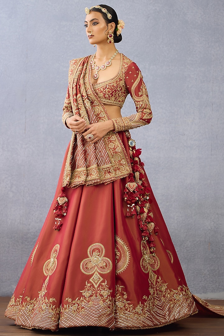 Rust Tissue & Net Embroidered Bridal Lehenga Set by TORANI at Pernia's Pop Up Shop