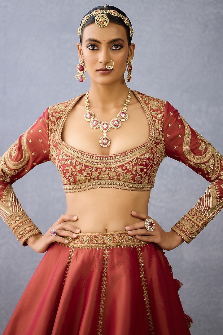 Rust Tissue & Net Embroidered Bridal Lehenga Set by TORANI at Pernia's Pop Up Shop