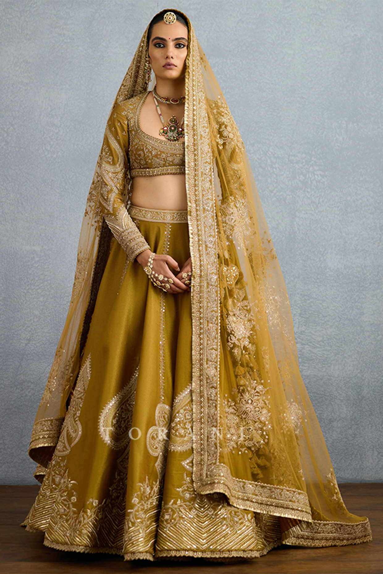 Ochre Tissue & Net Embroidered Bridal Lehenga Set by TORANI at Pernia's Pop Up Shop