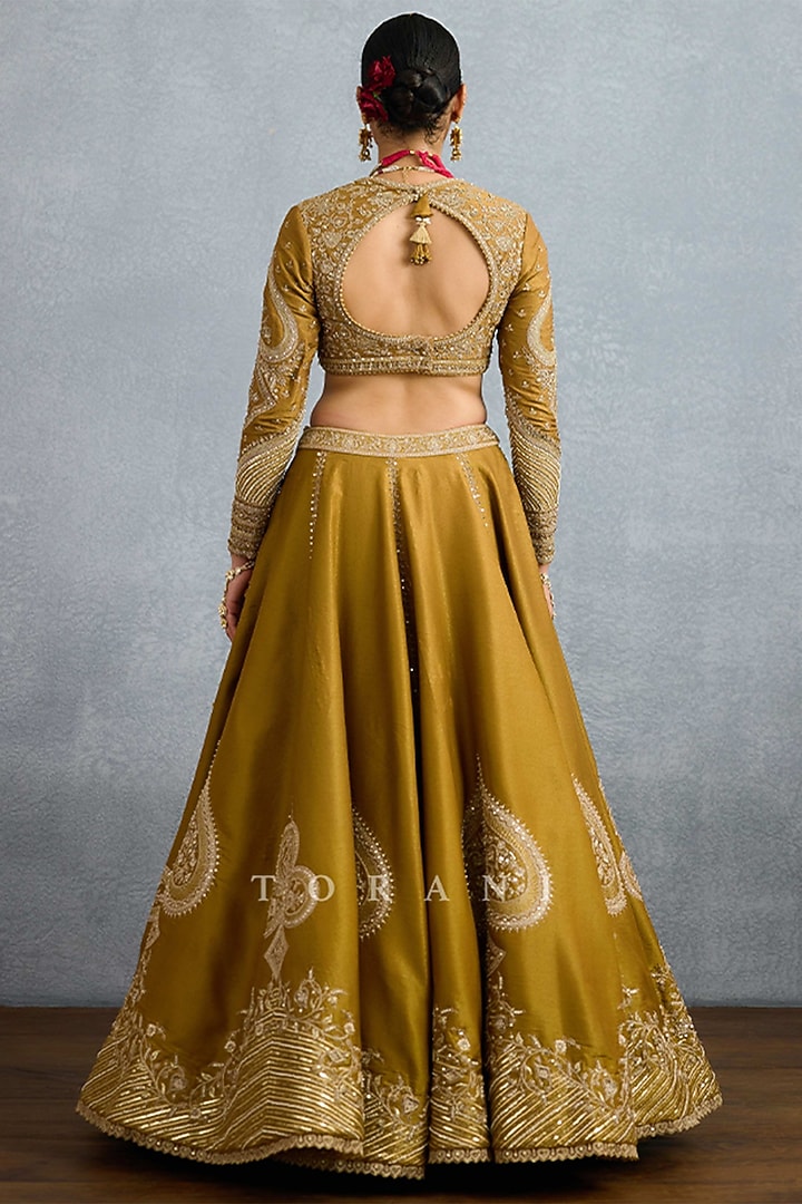 Ochre Tissue & Net Embroidered Bridal Lehenga Set by TORANI at Pernia's Pop Up Shop