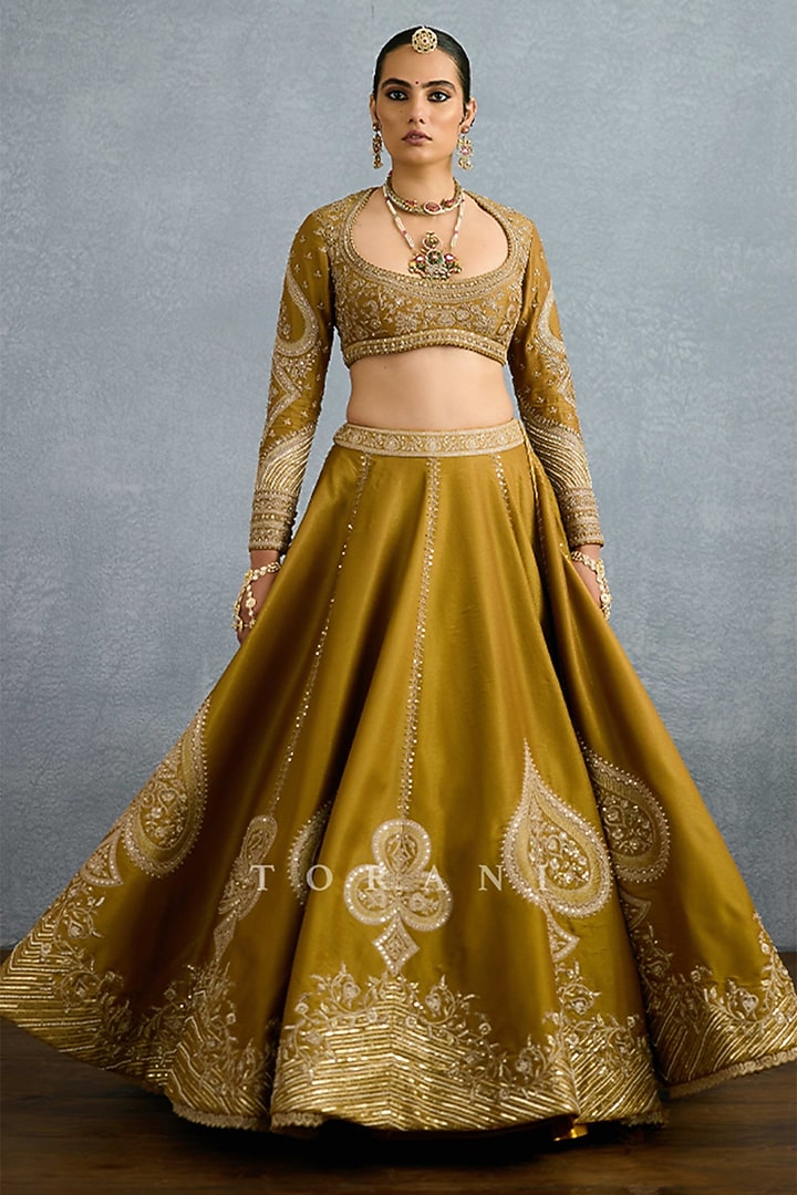 Ochre Tissue & Net Embroidered Bridal Lehenga Set by TORANI at Pernia's Pop Up Shop