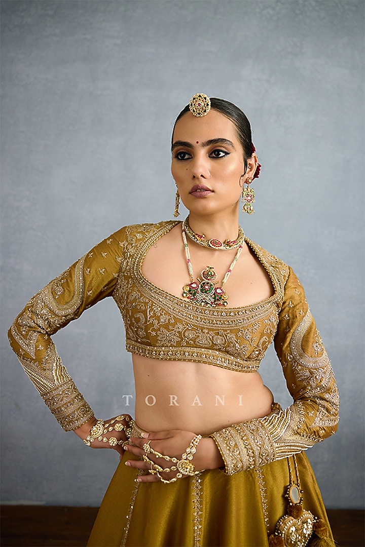 Ochre Tissue & Net Embroidered Bridal Lehenga Set by TORANI at Pernia's Pop Up Shop