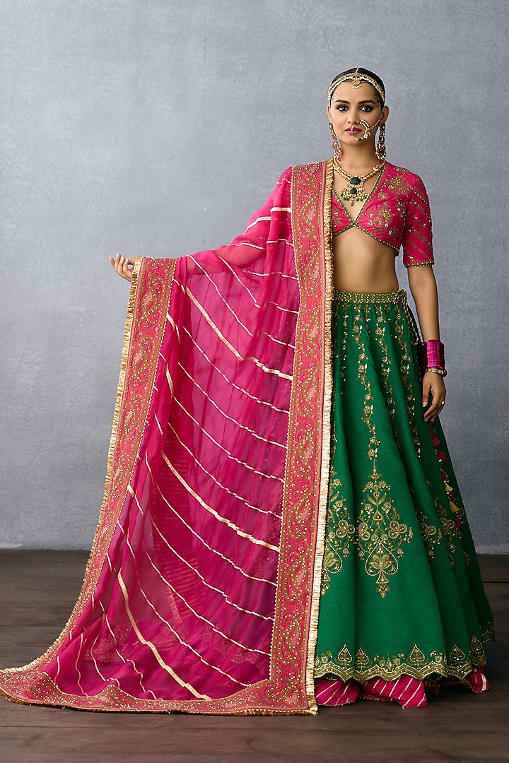 Green Jeni Silk & Organza Embroidered Bridal Lehenga Set by TORANI at Pernia's Pop Up Shop