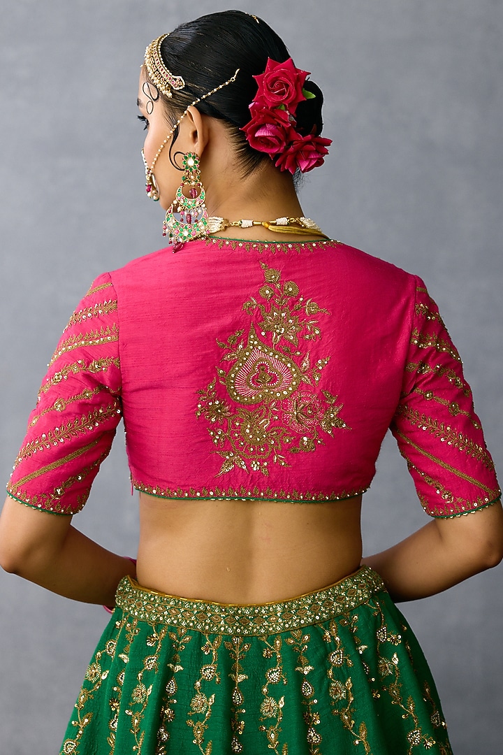 Green Jeni Silk & Organza Embroidered Bridal Lehenga Set by TORANI at Pernia's Pop Up Shop
