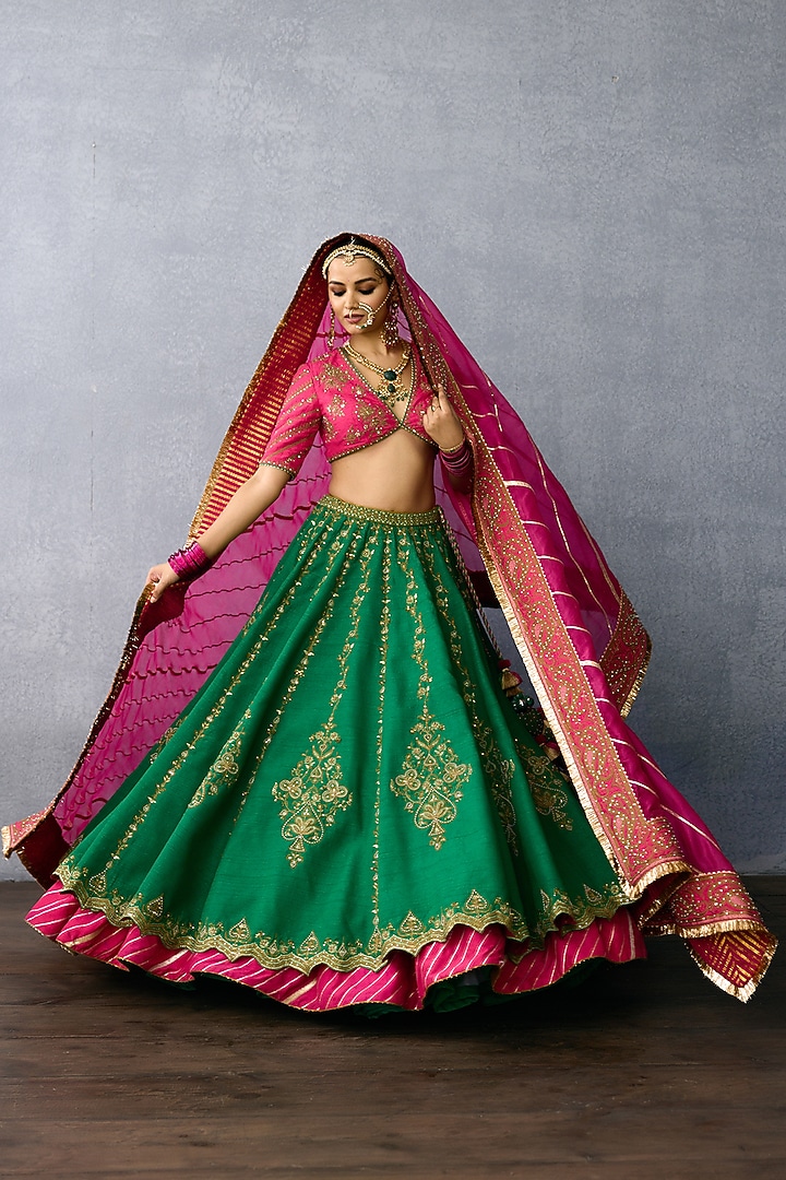 Green Jeni Silk & Organza Embroidered Bridal Lehenga Set by TORANI at Pernia's Pop Up Shop