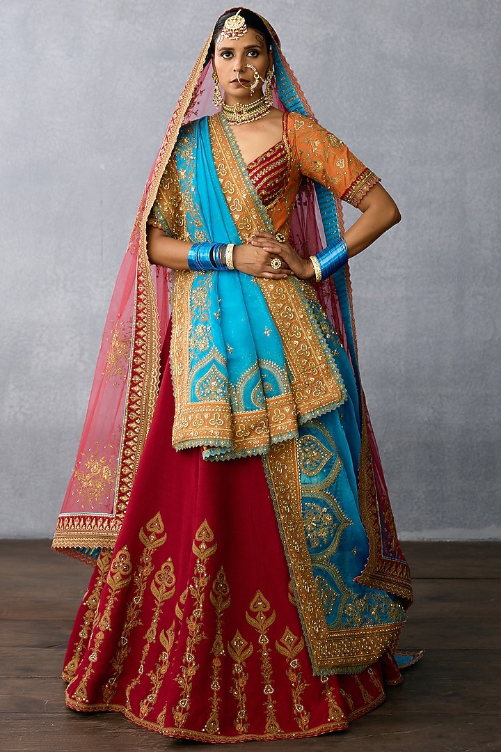 Red Jeni Silk & Organza Embroidered Bridal Lehenga Set by TORANI at Pernia's Pop Up Shop