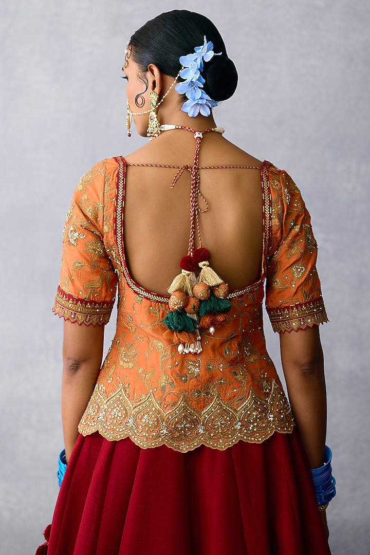 Red Jeni Silk & Organza Embroidered Bridal Lehenga Set by TORANI at Pernia's Pop Up Shop