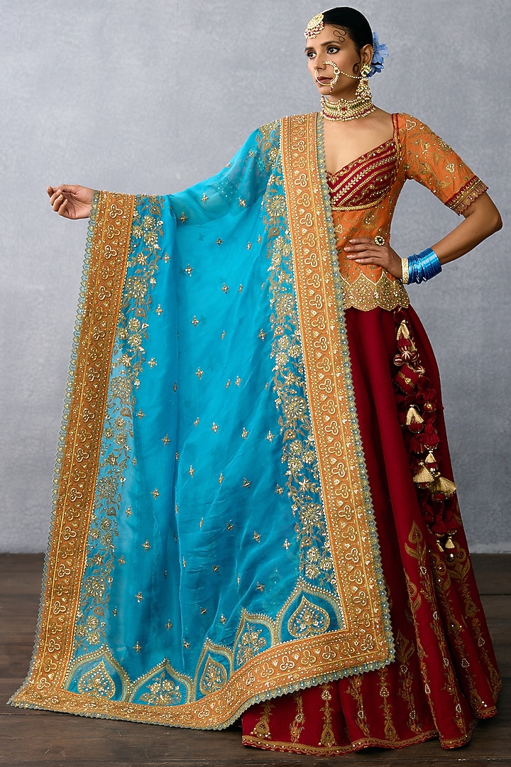 Red Jeni Silk & Organza Embroidered Bridal Lehenga Set by TORANI at Pernia's Pop Up Shop