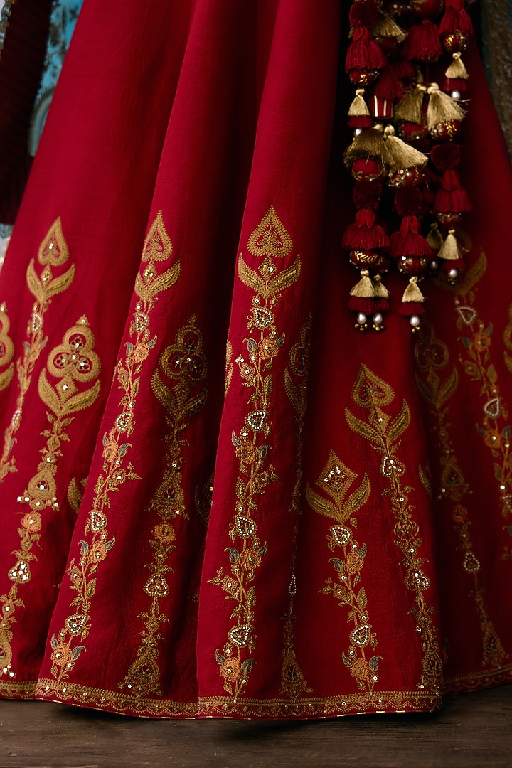 Red Jeni Silk & Organza Embroidered Bridal Lehenga Set by TORANI at Pernia's Pop Up Shop