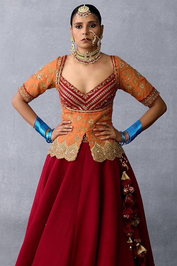Red Jeni Silk & Organza Embroidered Bridal Lehenga Set by TORANI at Pernia's Pop Up Shop