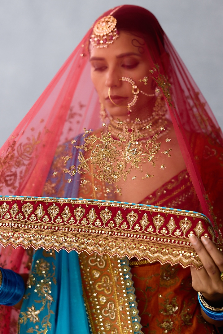 Red Jeni Silk & Organza Embroidered Bridal Lehenga Set by TORANI at Pernia's Pop Up Shop