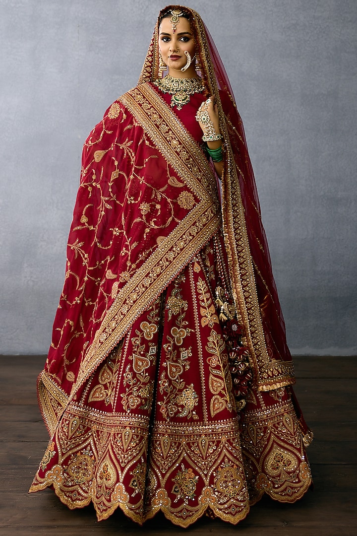 Red Jeni Silk & Butterfly Net Embroidered Bridal Lehenga Set by TORANI at Pernia's Pop Up Shop