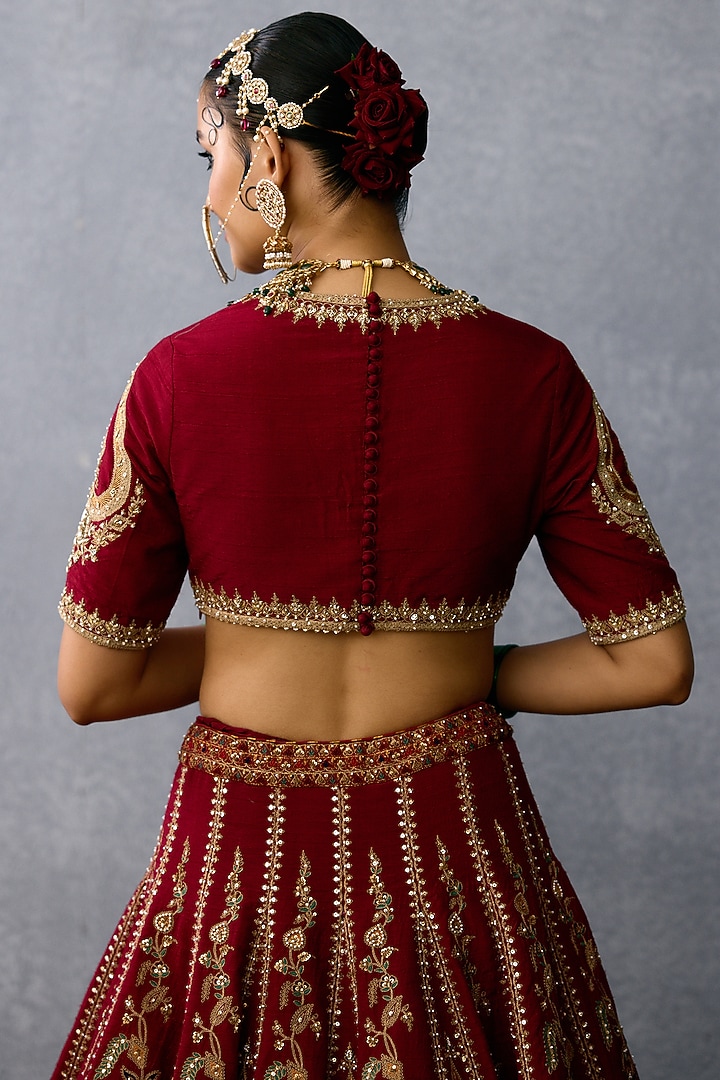 Red Jeni Silk & Butterfly Net Embroidered Bridal Lehenga Set by TORANI at Pernia's Pop Up Shop