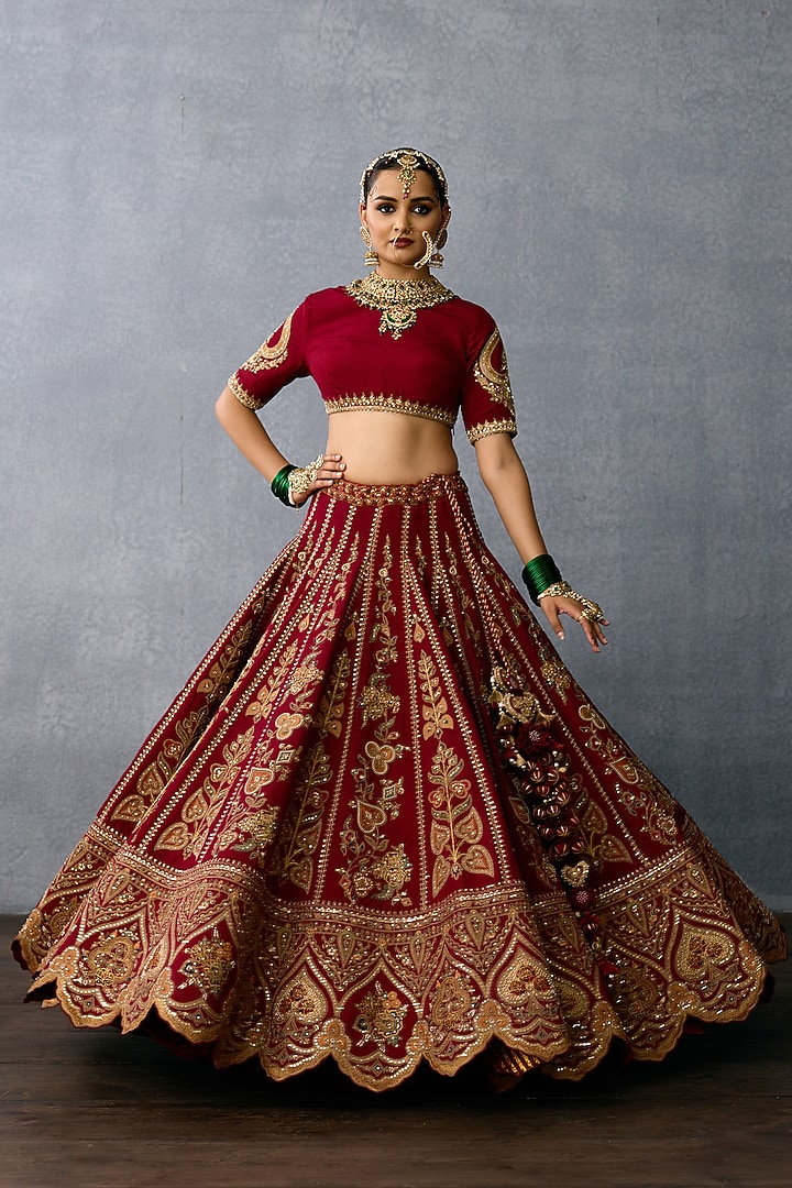 Red Jeni Silk & Butterfly Net Embroidered Bridal Lehenga Set by TORANI at Pernia's Pop Up Shop