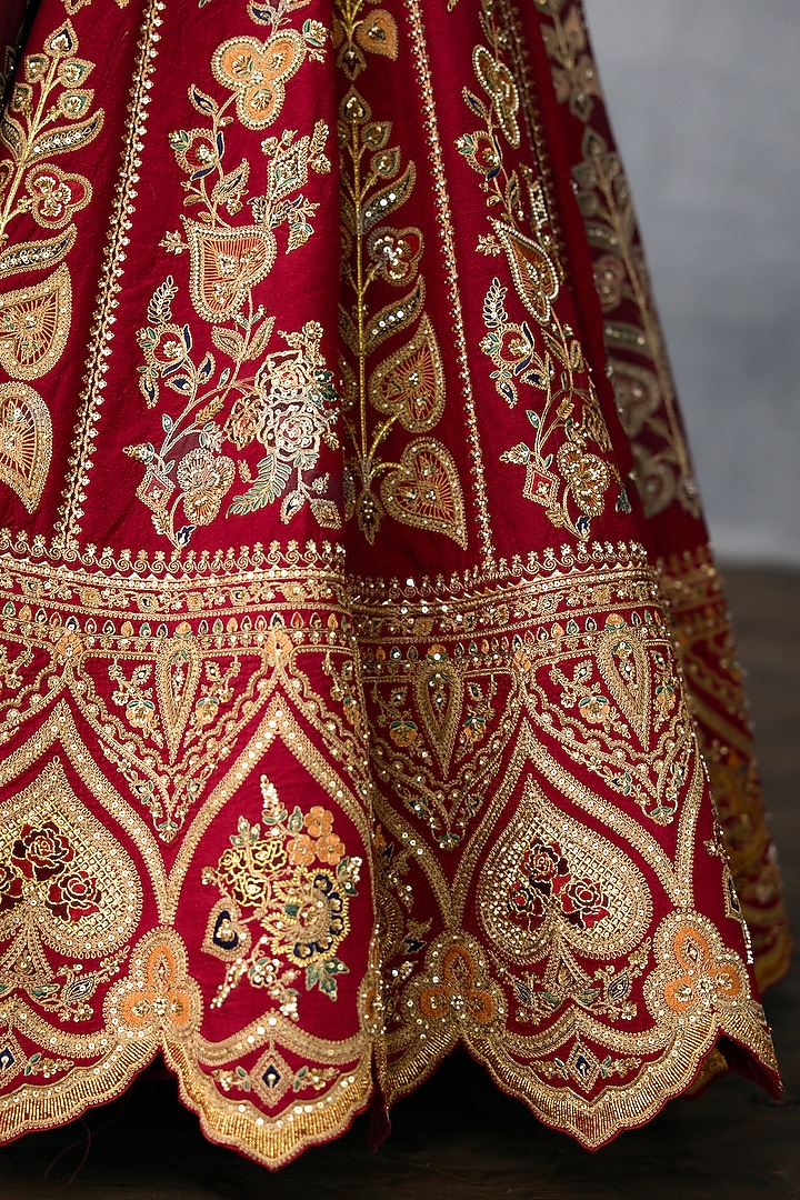 Red Jeni Silk & Butterfly Net Embroidered Bridal Lehenga Set by TORANI at Pernia's Pop Up Shop
