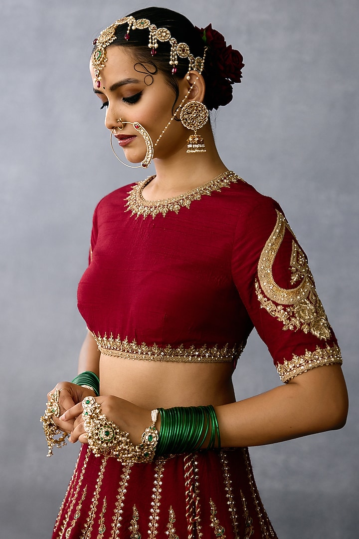 Red Jeni Silk & Butterfly Net Embroidered Bridal Lehenga Set by TORANI at Pernia's Pop Up Shop