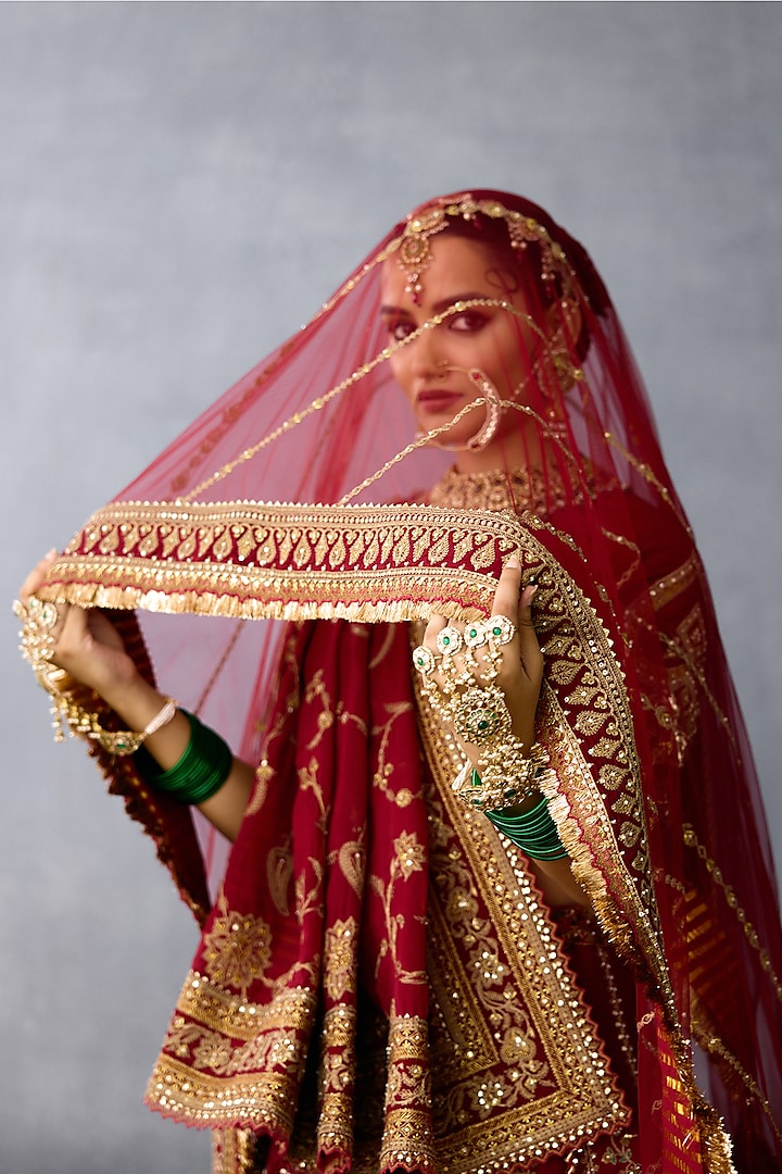 Red Jeni Silk & Butterfly Net Embroidered Bridal Lehenga Set by TORANI at Pernia's Pop Up Shop
