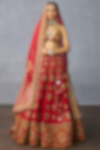 Red Jeni Silk & Organza Embroidered Bridal Lehenga Set by TORANI at Pernia's Pop Up Shop