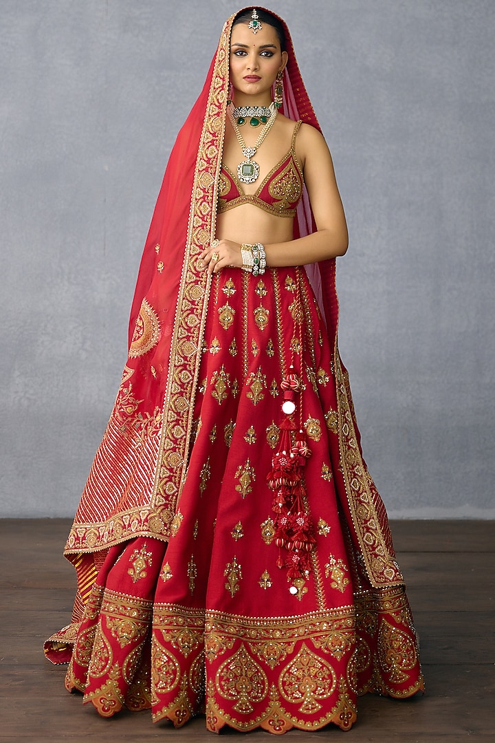 Red Jeni Silk & Organza Embroidered Bridal Lehenga Set by TORANI at Pernia's Pop Up Shop