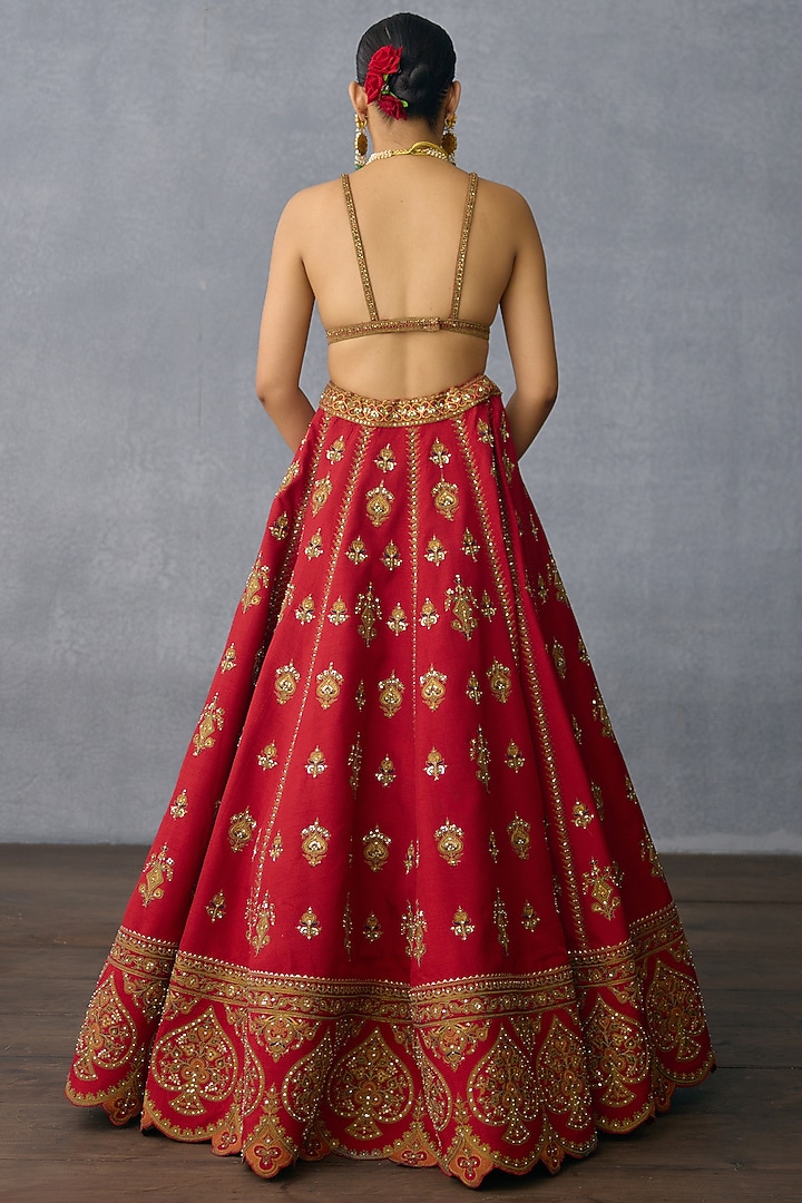 Red Jeni Silk & Organza Embroidered Bridal Lehenga Set by TORANI at Pernia's Pop Up Shop
