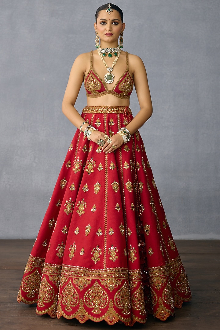 Red Jeni Silk & Organza Embroidered Bridal Lehenga Set by TORANI at Pernia's Pop Up Shop