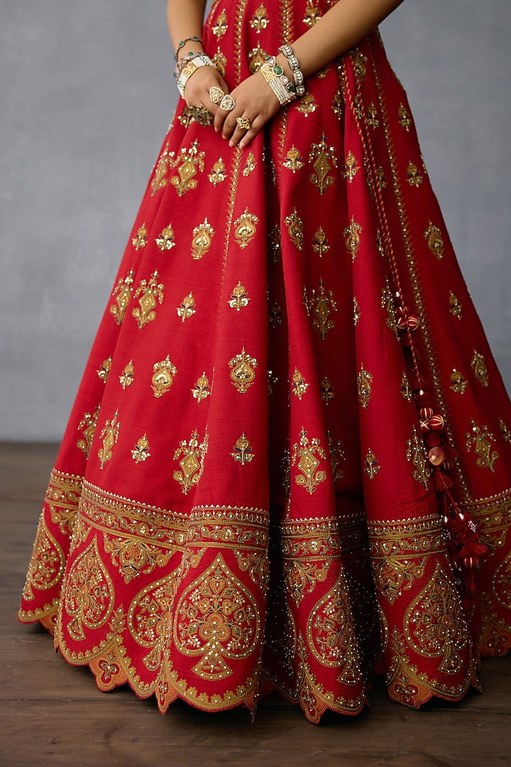 Red Jeni Silk & Organza Embroidered Bridal Lehenga Set by TORANI at Pernia's Pop Up Shop