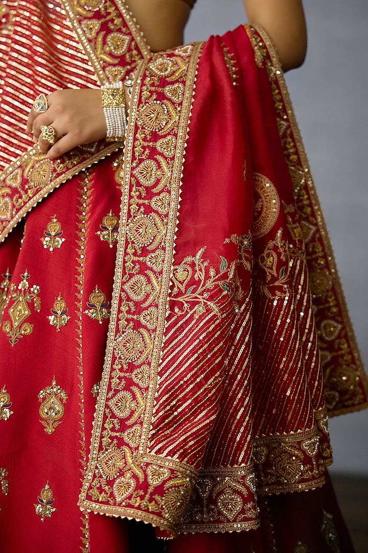Red Jeni Silk & Organza Embroidered Bridal Lehenga Set by TORANI at Pernia's Pop Up Shop