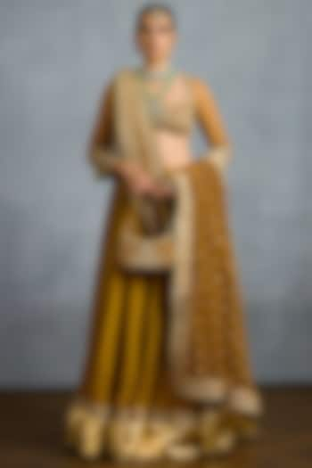 Ochre Muslin Silk & Butterfly Net Embroidered Bridal Lehenga Set by TORANI at Pernia's Pop Up Shop