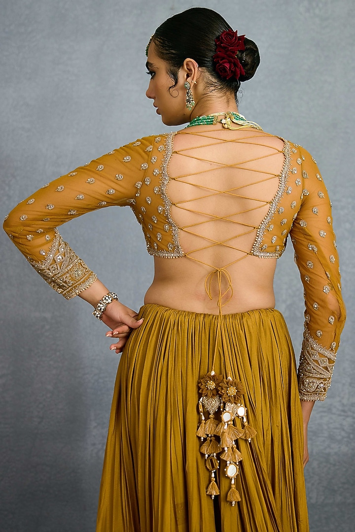 Ochre Muslin Silk & Butterfly Net Embroidered Bridal Lehenga Set by TORANI at Pernia's Pop Up Shop