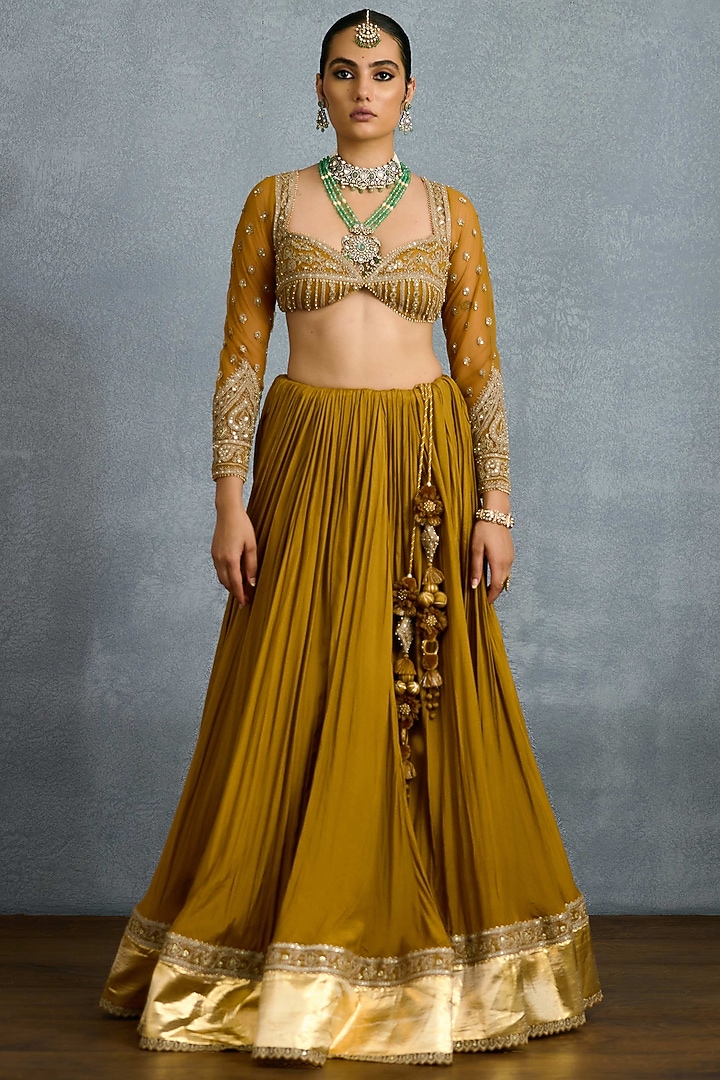Ochre Muslin Silk & Butterfly Net Embroidered Bridal Lehenga Set by TORANI at Pernia's Pop Up Shop