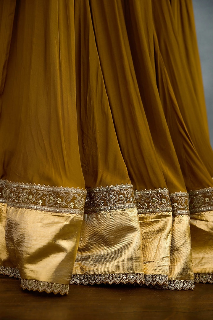 Ochre Muslin Silk & Butterfly Net Embroidered Bridal Lehenga Set by TORANI at Pernia's Pop Up Shop