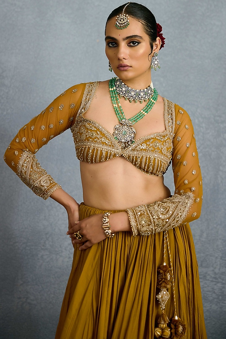 Ochre Muslin Silk & Butterfly Net Embroidered Bridal Lehenga Set by TORANI at Pernia's Pop Up Shop