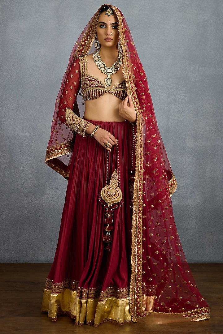 Red Muslin Silk & Butterfly Net Embroidered Bridal Lehenga Set by TORANI at Pernia's Pop Up Shop