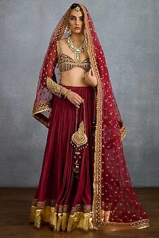 Red Muslin Silk & Butterfly Net Embroidered Lehenga Set by TORANI