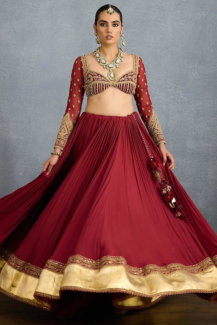 Red Muslin Silk & Butterfly Net Embroidered Bridal Lehenga Set by TORANI at Pernia's Pop Up Shop