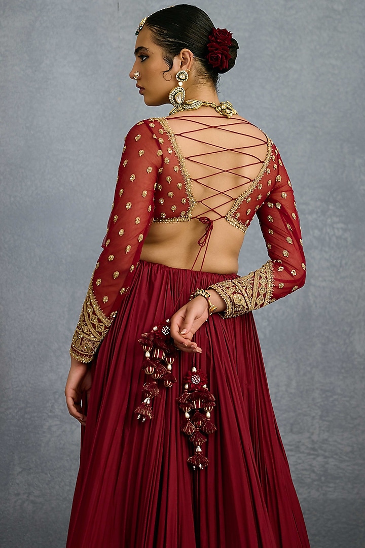 Red Muslin Silk & Butterfly Net Embroidered Bridal Lehenga Set by TORANI at Pernia's Pop Up Shop