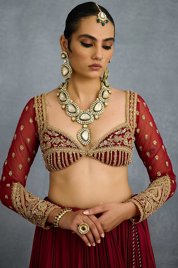 Red Muslin Silk & Butterfly Net Embroidered Bridal Lehenga Set by TORANI at Pernia's Pop Up Shop