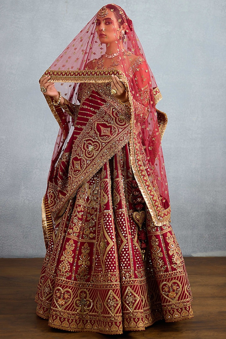 Red Jeni Silk & Organza Embroidered Bridal Lehenga Set by TORANI at Pernia's Pop Up Shop