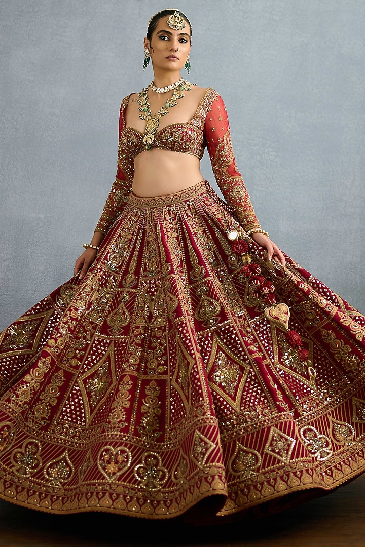 Red Jeni Silk & Organza Embroidered Bridal Lehenga Set by TORANI at Pernia's Pop Up Shop