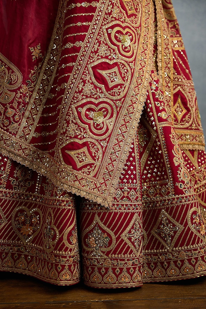 Red Jeni Silk & Organza Embroidered Bridal Lehenga Set by TORANI at Pernia's Pop Up Shop