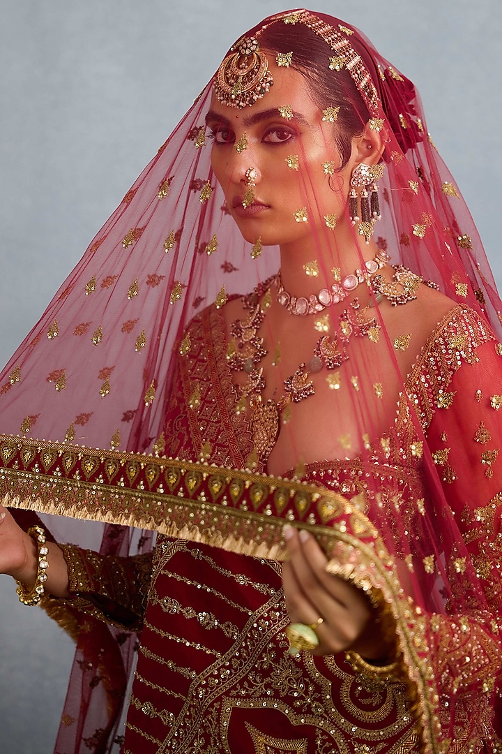 Red Jeni Silk & Organza Embroidered Bridal Lehenga Set by TORANI at Pernia's Pop Up Shop