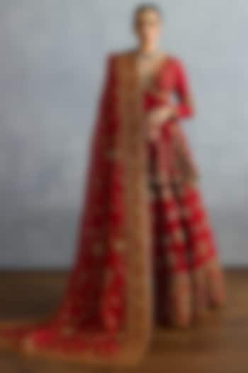 Red Jeni Silk & Organza Embroidered Bridal Lehenga Set by TORANI at Pernia's Pop Up Shop